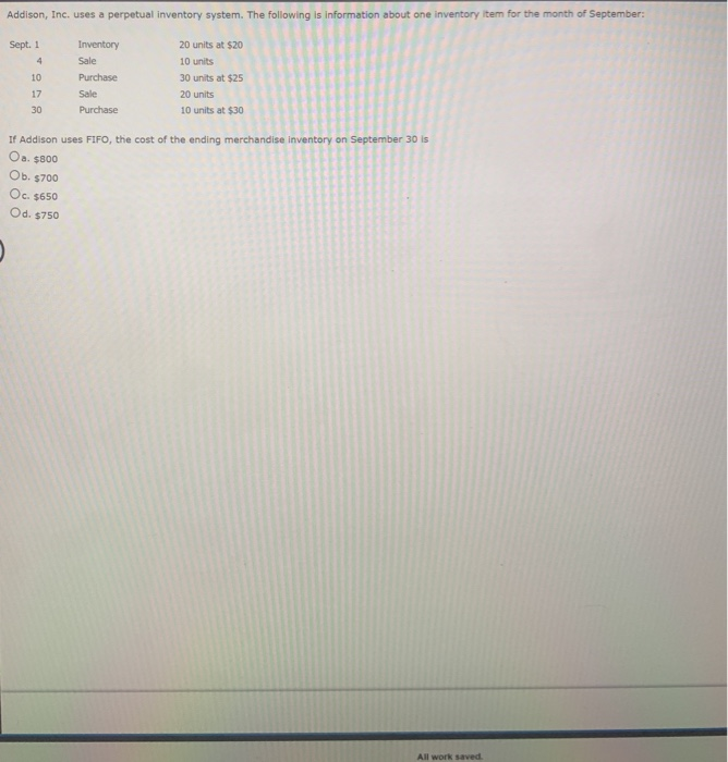 Addison, Inc. uses a perpetual inventory system. The