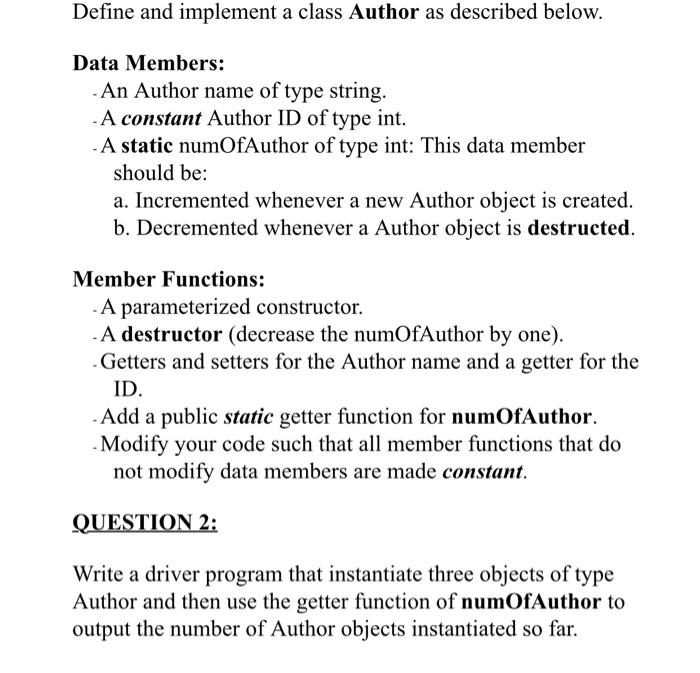 Solved Define and implement a class Author as described | Chegg.com