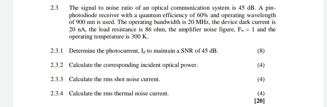 Solved 2.3 The signal to noise ratio of an optical | Chegg.com
