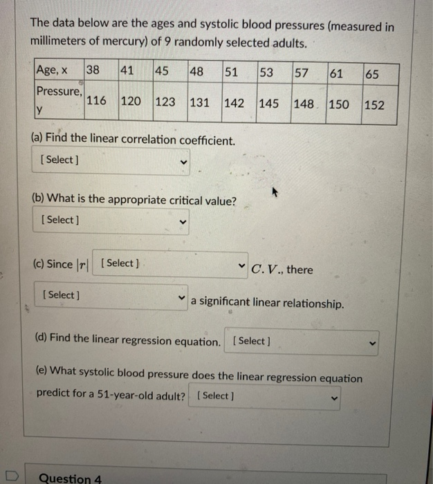 Solved The data below are the ages and systolic blood | Chegg.com