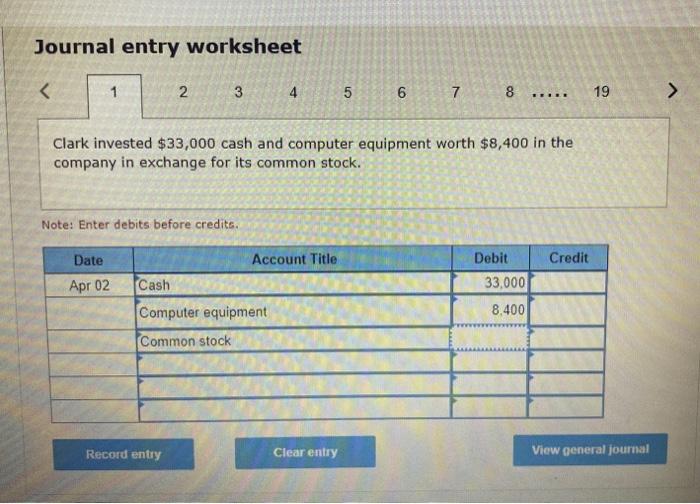 Solved Journal entry worksheet Clark invested 33,000 cash