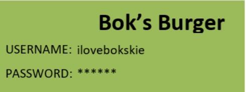 Boks Burger
USERNAME: ilovebokskie
PASSWORD: