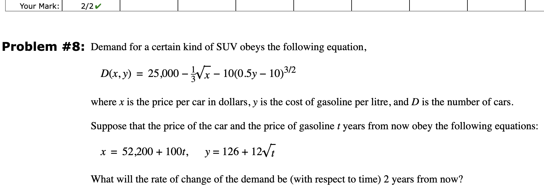 Suv U2 Math Test Problem Solved Problem #8: Demand for a certain kind of SUV obeys | Chegg.com