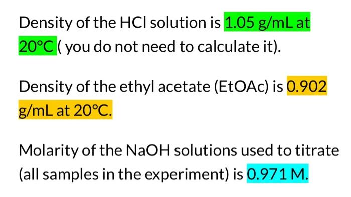 Solved Density of the HCl solution is 1.05 g/mL at 20∘C ( | Chegg.com