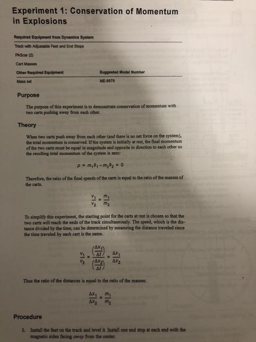 Solved Experiment 1: Conservation of Momentum in Explosions | Chegg.com