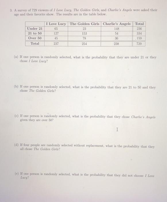 Solved 3. A survey of 729 viewers of I Love Lucy, The Golden | Chegg.com