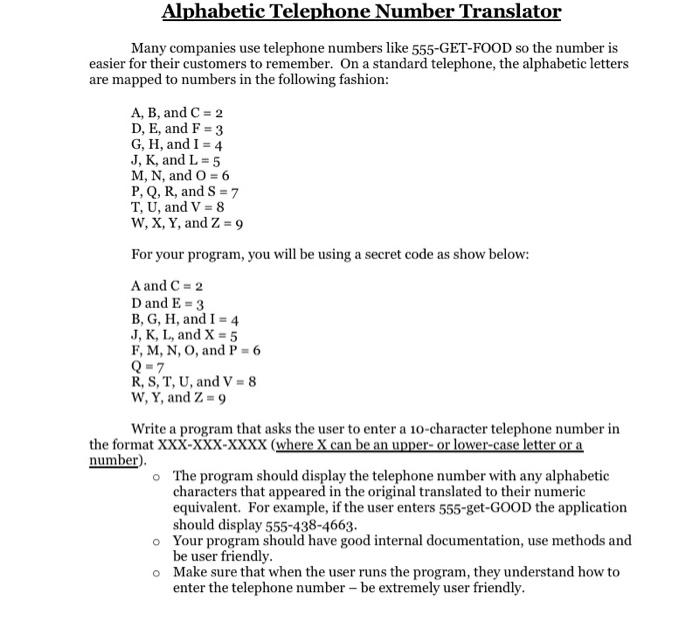 Solved Alphabetic Telephone Number Translator Many companies
