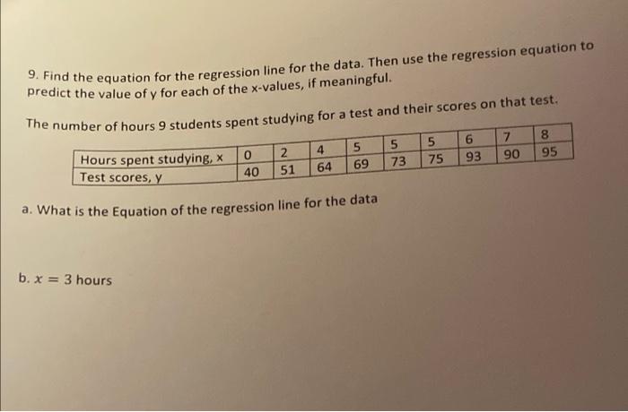 Solved 9. Find the equation for the regression line for the | Chegg.com