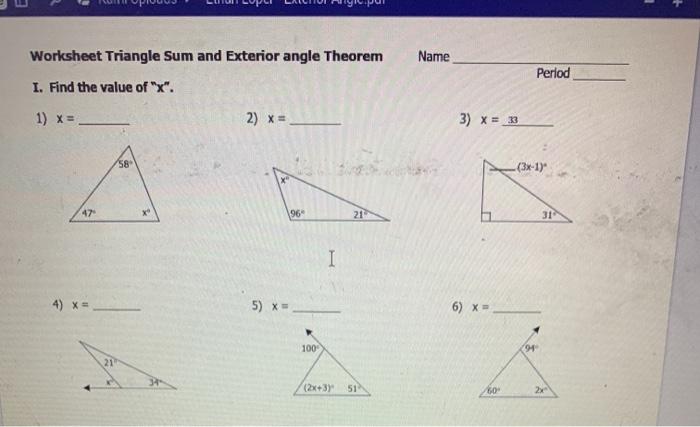 Solved Worksheet Triangle Sum and Exterior angle Theorem Chegg com