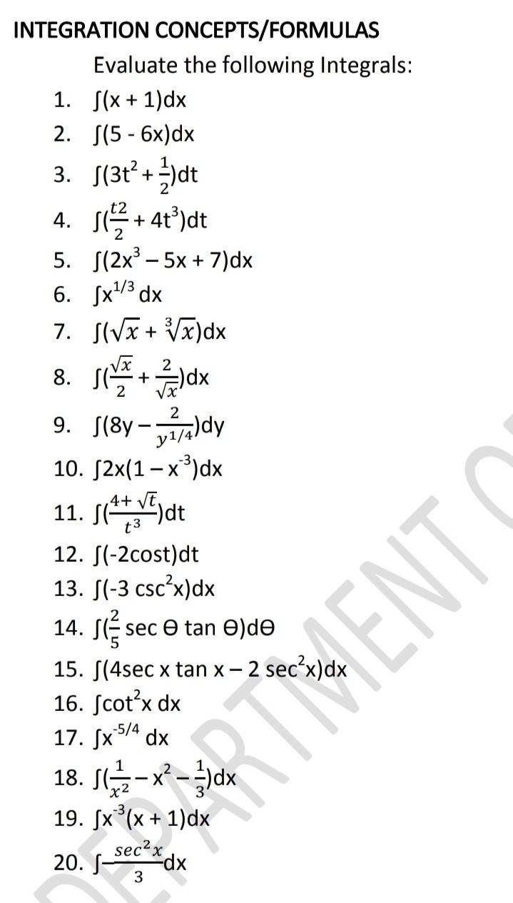 Solved INTEGRATION CONCEPTS/FORMULAS Evaluate the following | Chegg.com