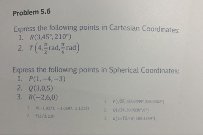 Solved Problem 5.6 Express the following points in Cartesian | Chegg.com