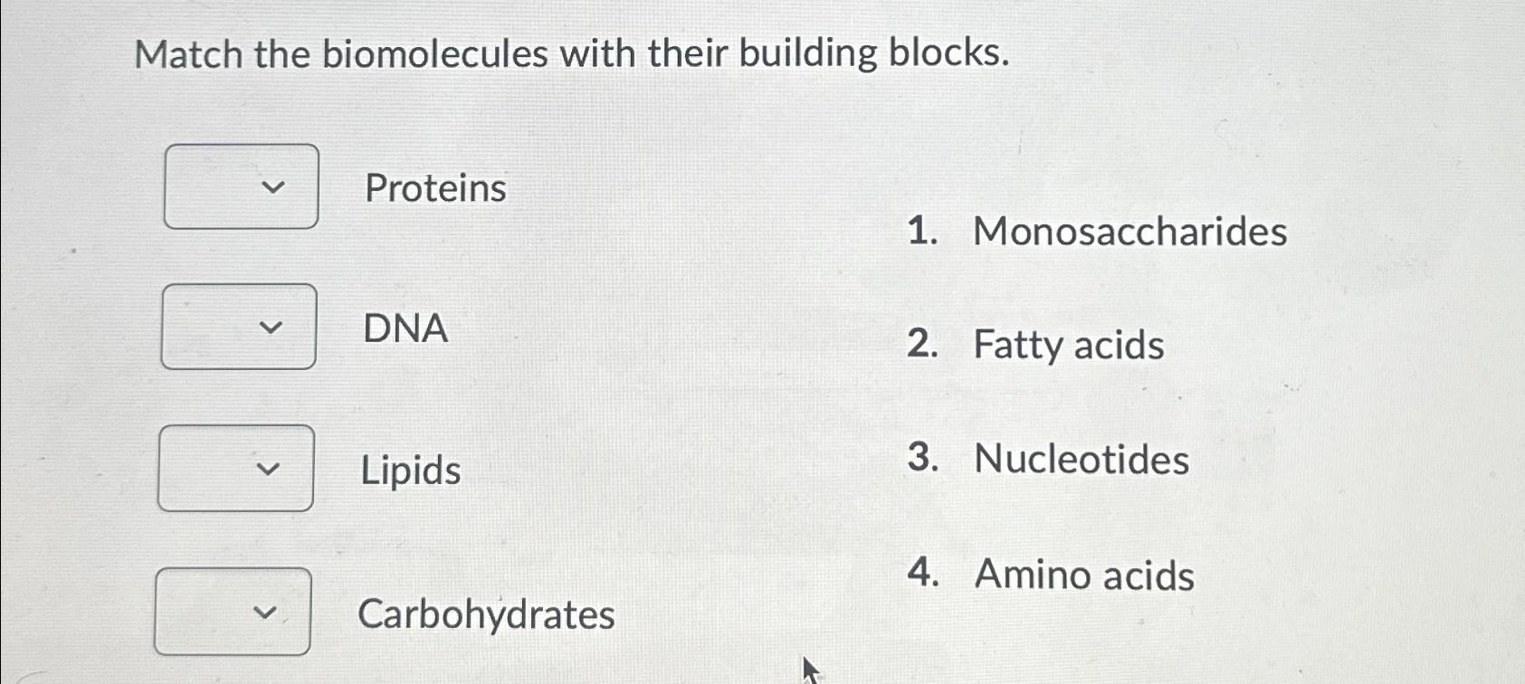 Solved Match the biomolecules with their building
