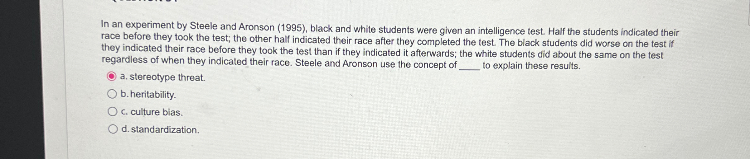 Solved In an experiment by Steele and Aronson (1995), ﻿black | Chegg.com