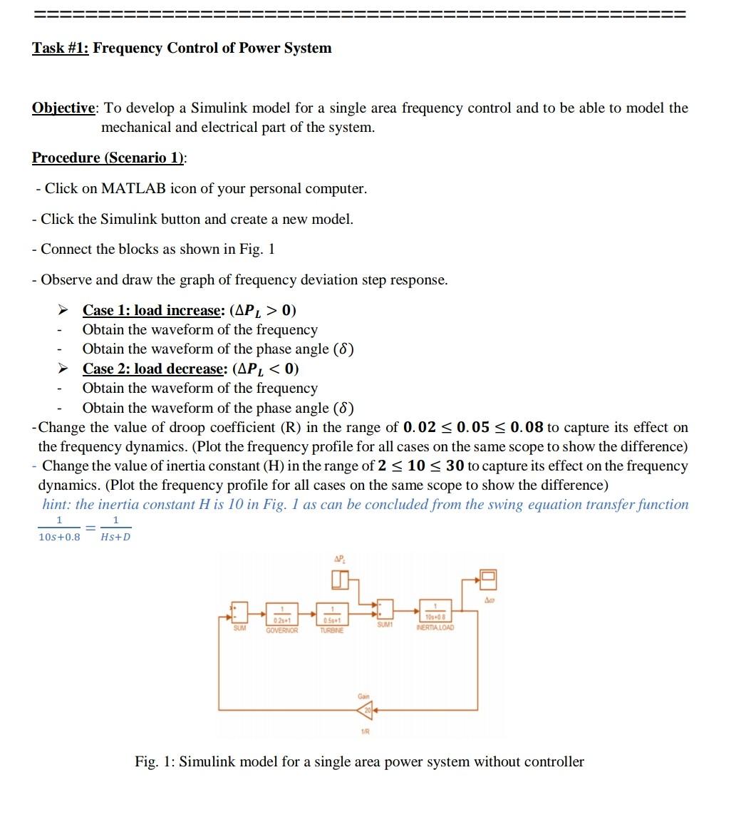 Solved Task #1: Frequency Control of Power System Objective: | Chegg.com