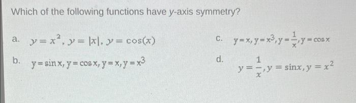 Which of the following functions have y-axis symmetry? a. y=x², y = |x|. y = cos(x) b. y=sin x, y = cos x, y = x, y = x³ C. y