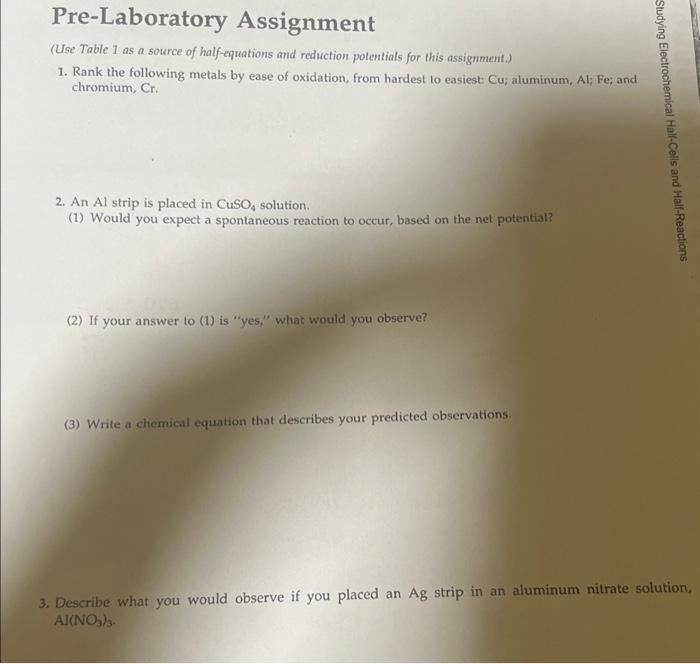 Solved Pre-Laboratory Assignment (Use Table 1 as a source of | Chegg.com