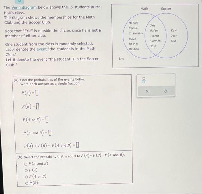Solved The Venn diagram below shows the 15 students in Mr. | Chegg.com