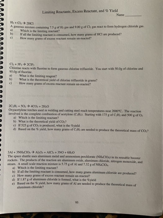 Solved Limiting Reactants, Excess Reactant, and % Yield Name | Chegg.com