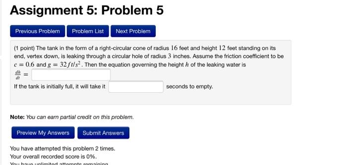 Solved Assignment 5: Problem 5 5 Previous Problem Problem | Chegg.com