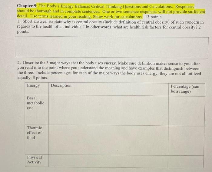 Solved Chapter 9: The Body's Energy Balance: Critical | Chegg.com