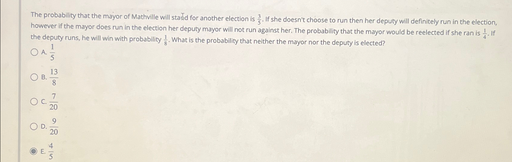Solved The probability that the mayor of Mathville will | Chegg.com