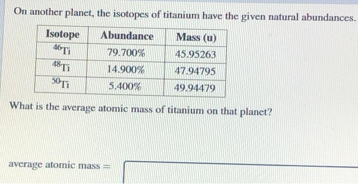 Solved How do I find the average atomic mass of titanium on | Chegg.com