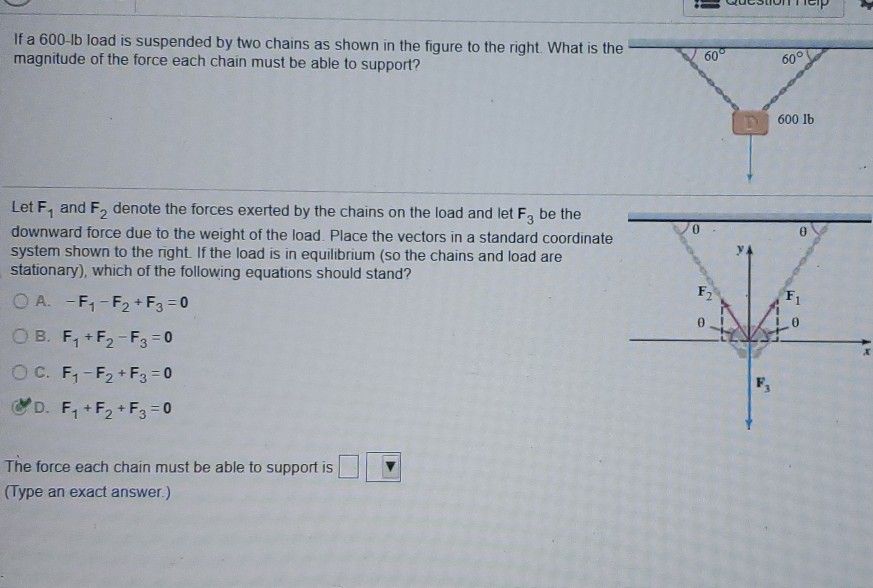 Solved If a 600lb load is suspended by two chains as shown