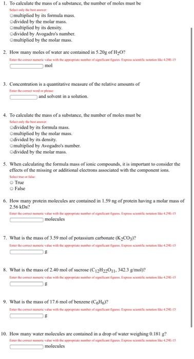 Solved 1. To calculate the mass of a substance, the number | Chegg.com