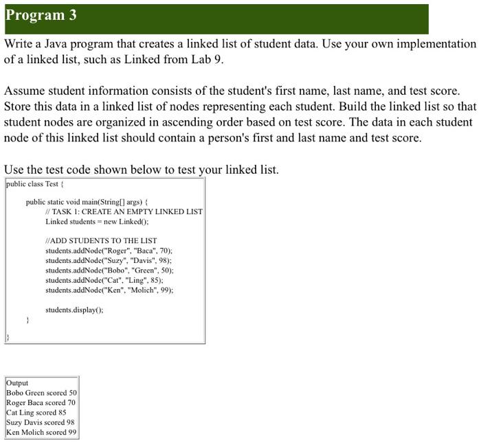 Solved Program 3 Write a Java program that creates a linked | Chegg.com