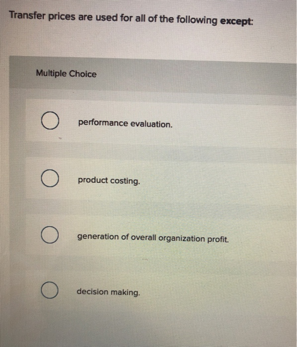 Solved Transfer prices are used for all of the following