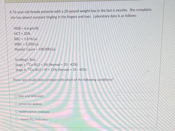 Solved A 76-year-old female presents with a 20-pound weight | Chegg.com