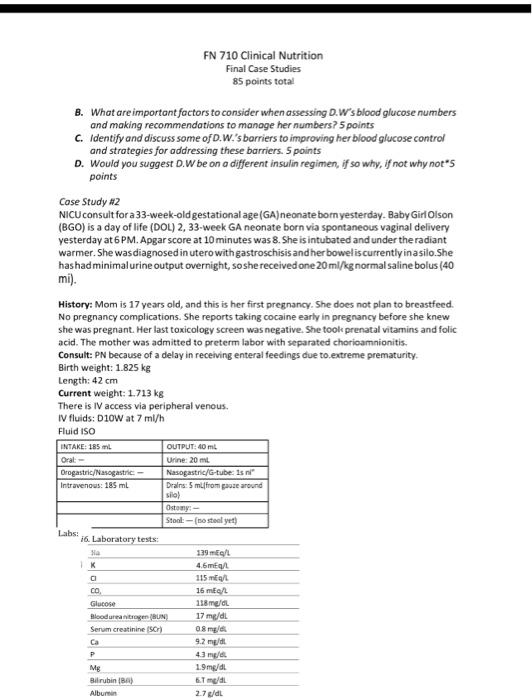 FN 710 Clinical Nutrition
Final Case Studies
85 points total
8. What are important factors to consider when assessing D.Ws b