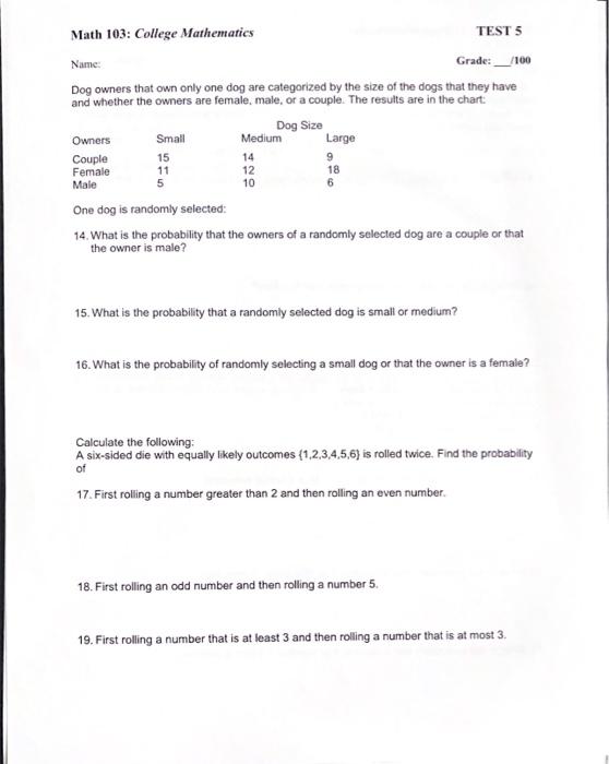 Solved Math 103: College Mathematics TEST 5 Name Grade:_1100 | Chegg.com
