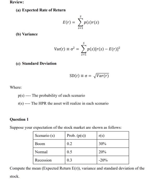 Solved Review: (a) Expected Rate of Return E() = p(s)r(s) | Chegg.com