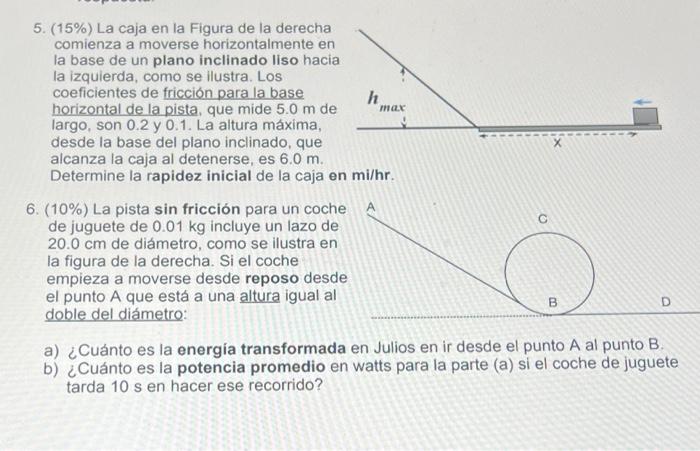 5. (15\%) La caja en la Figura de la derecha comienza a moverse horizontalmente en la base de un plano inclinado liso hacia l