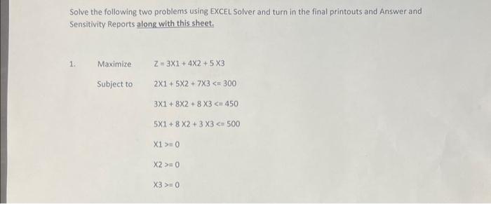 Solved Solve The Following Two Problems Using EXCEL Solver | Chegg.com