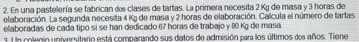 2. En una pastelería se fabrican dos clases de tartas. La primera necesita \( 2 \mathrm{Kg} \) de masa y 3 horas de elaboraci