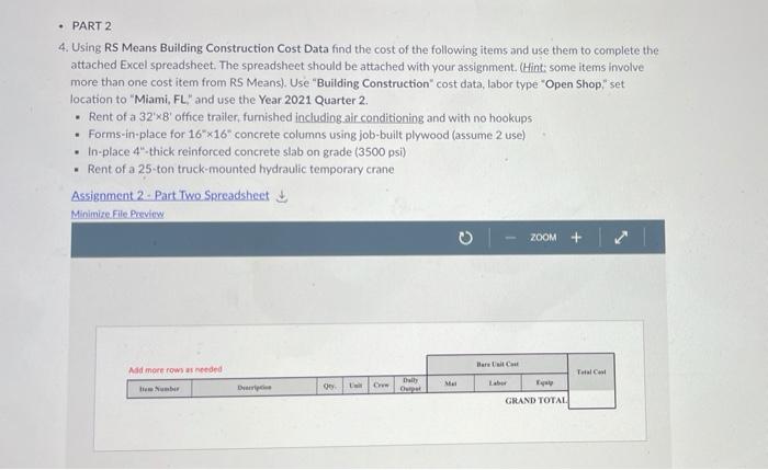 Solved • PART 2 4. Using RS Means Building Construction Cost | Chegg.com