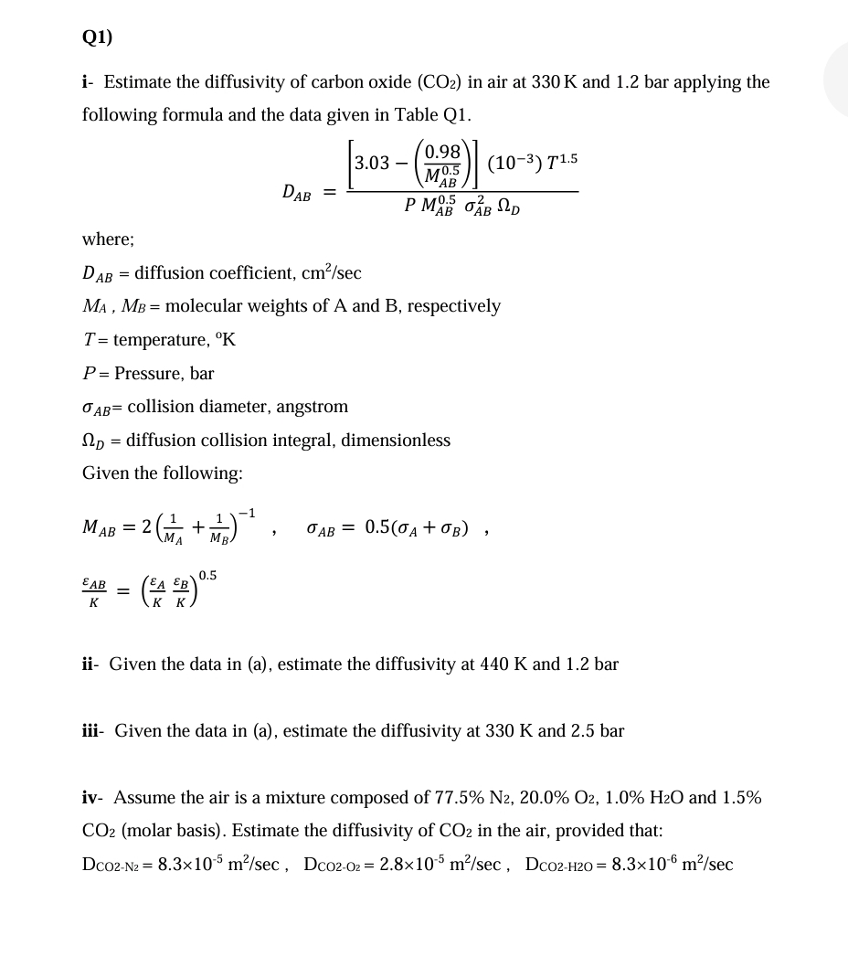 Solved Q1)i- ﻿Estimate the diffusivity of carbon oxide (CO2) | Chegg.com