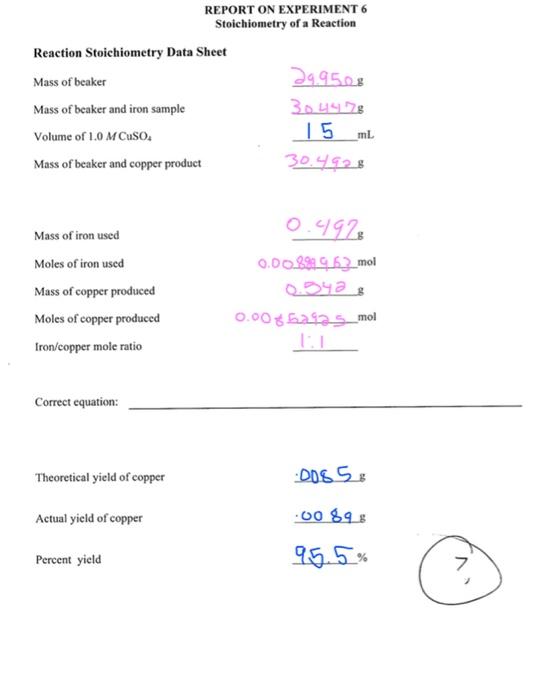 Solved REPORT ON EXPERIMENT 6 Stoichiometry Of A Reaction | Chegg.com