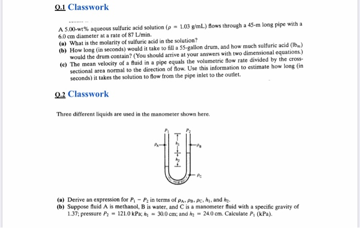 Solved 0.1 Classwork A 5.00-wt% aqueous sulfuric acid | Chegg.com