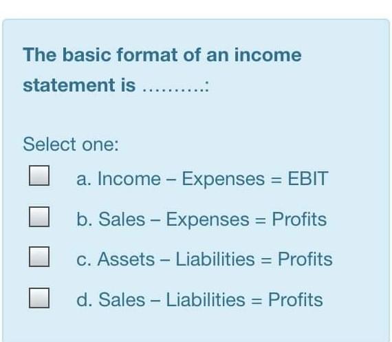 Solved The basic format of an income statement is ..... | Chegg.com