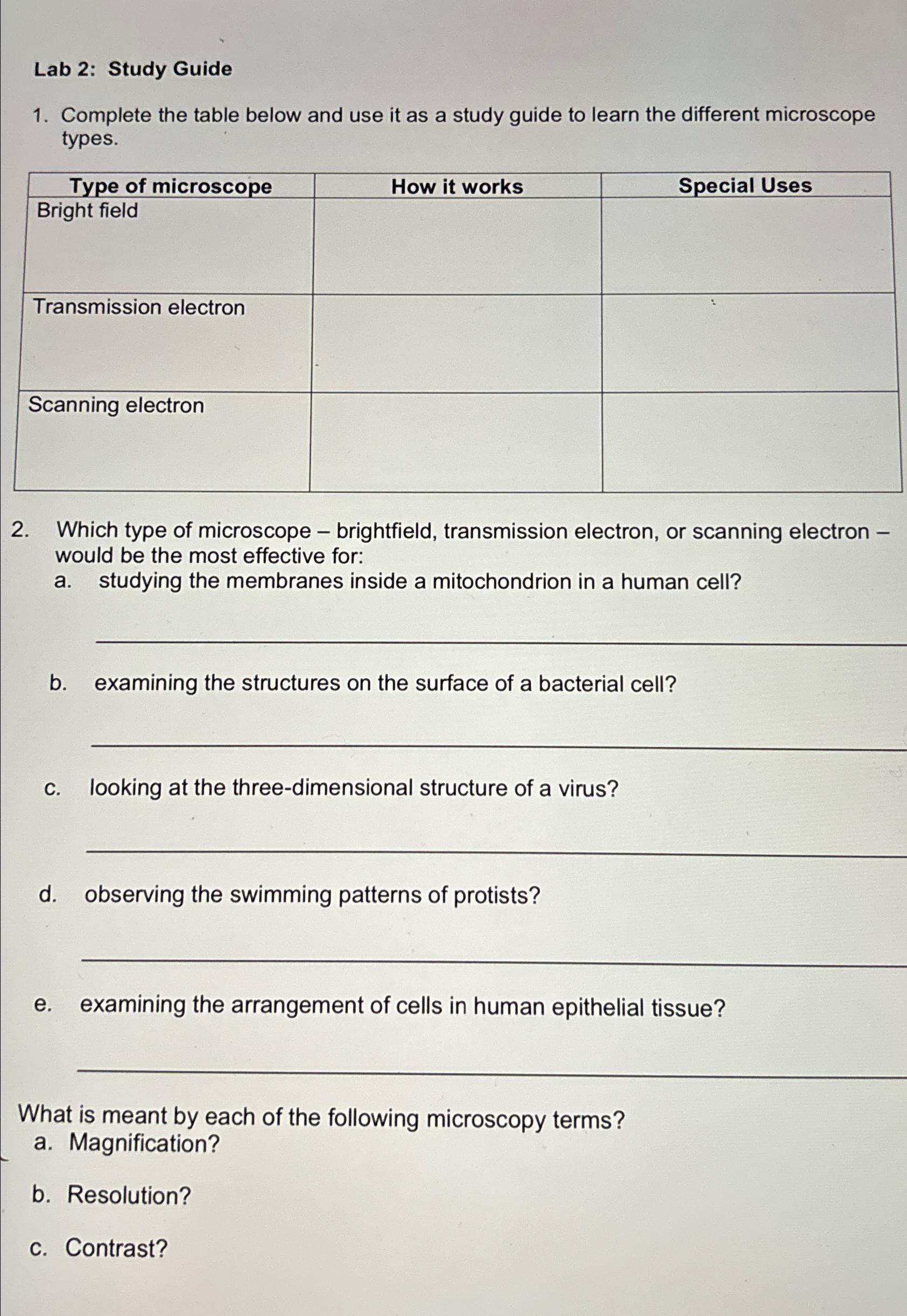 Solved Lab 2: Study GuideComplete the table below and use it | Chegg.com