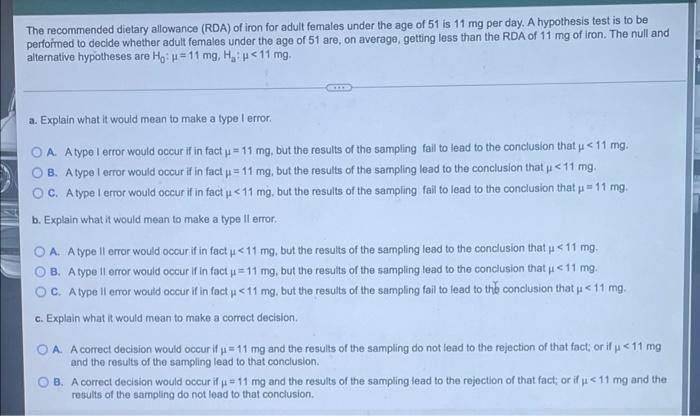 Solved The recommended dietary allowance (RDA) of iron for | Chegg.com