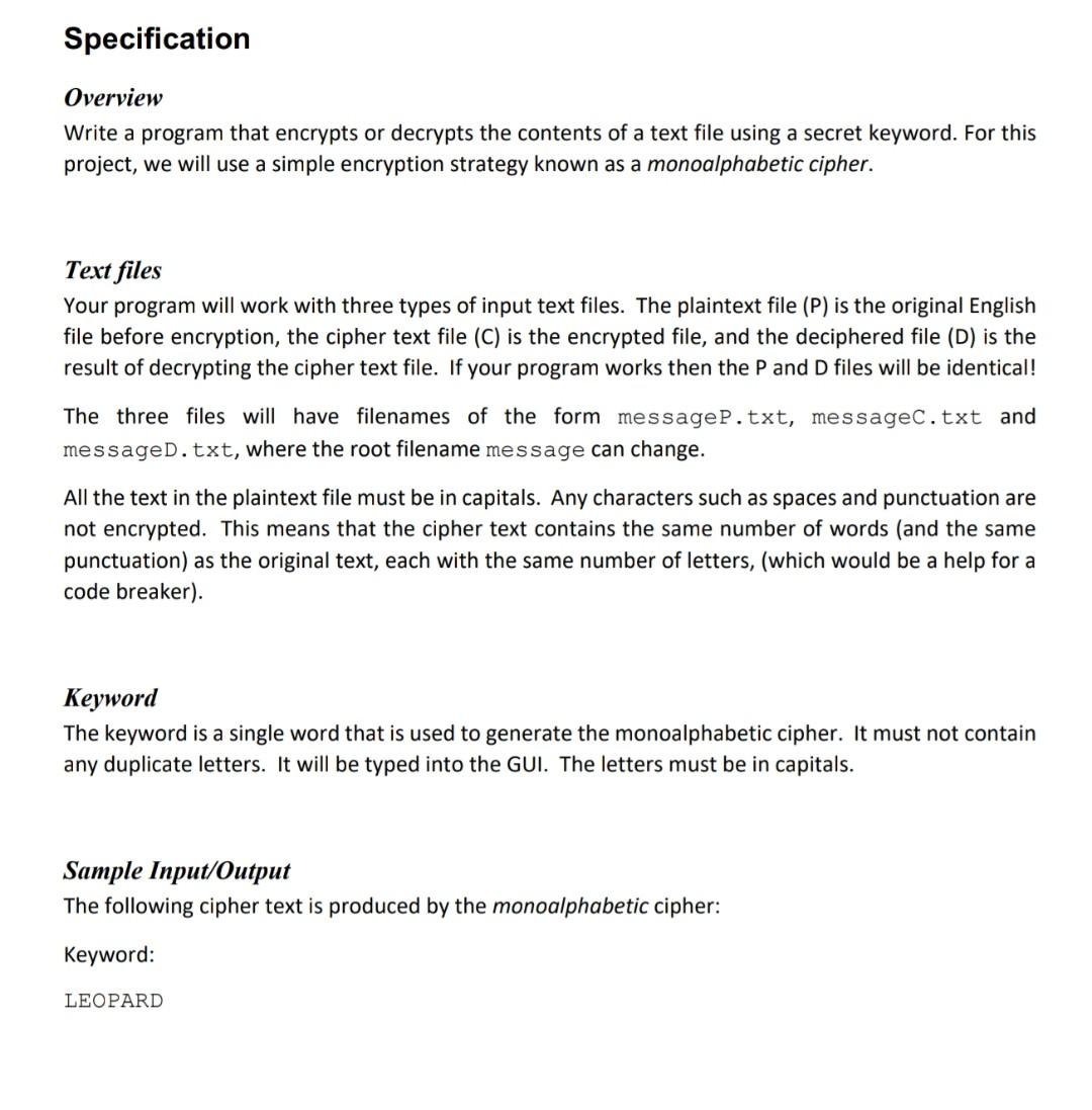 Solved Specification Overview Write A Program That Encrypts | Chegg.com