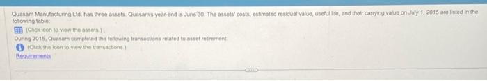 Quasam Marufacturing Lld. has three asseta: Quasarnis your-end is June 30. The assets costs, eatimaled reaidual value, usefu