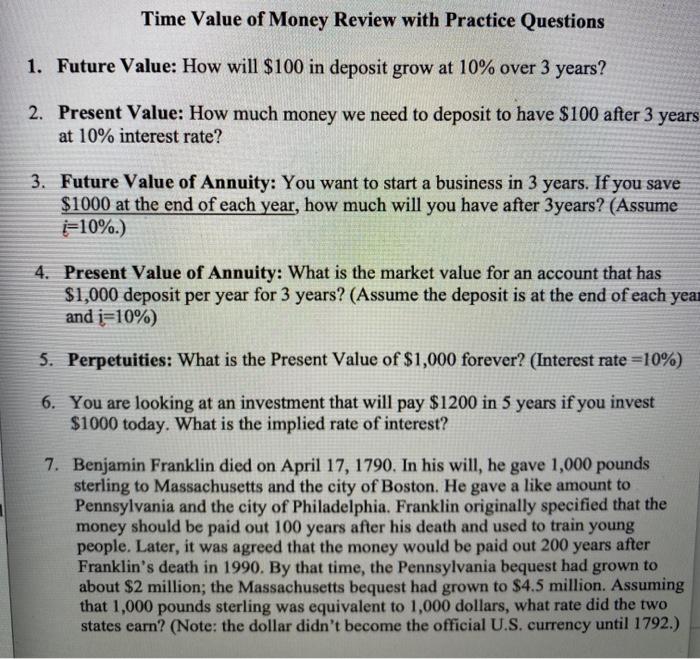 Solved Time Value of Money Review with Practice Questions 1. | Chegg.com