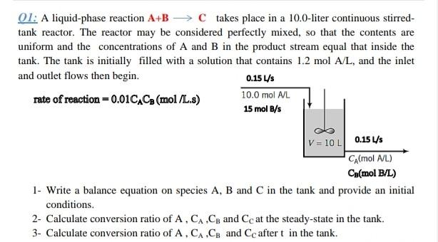 Solved 01: A liquid-phase reaction A+B → takes place in a | Chegg.com