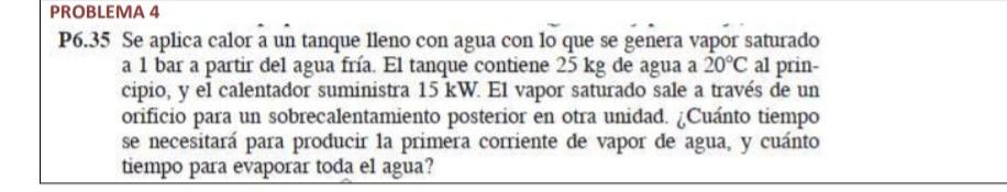 PROBLEMA 4 P6.35 Se aplica calor a un tanque lleno con agua con to que se genera vapor saturado a 1 bar a partir del agua frí