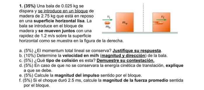 a. (5\%) ¿El momentum total lineal se conserva? Justifique su respuesta. b. \( (10 \%) \) Determine la velocidad en \( \mathr